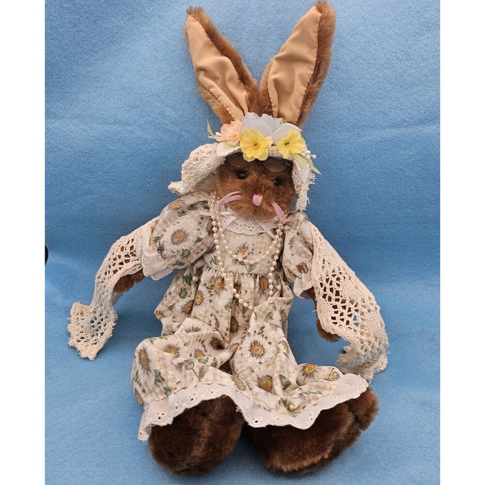 Easter Bunny Plush Grandma Shelf sitter Glasses Faux Pearls Stuffed Toy Vintage